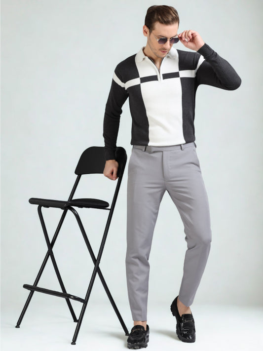 Pannel Design Full Sleeve Zipper Polo - Grey