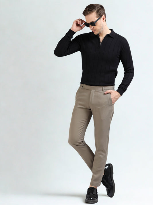 Ribbed Texture Full Sleeve Polo T-Shirt Black