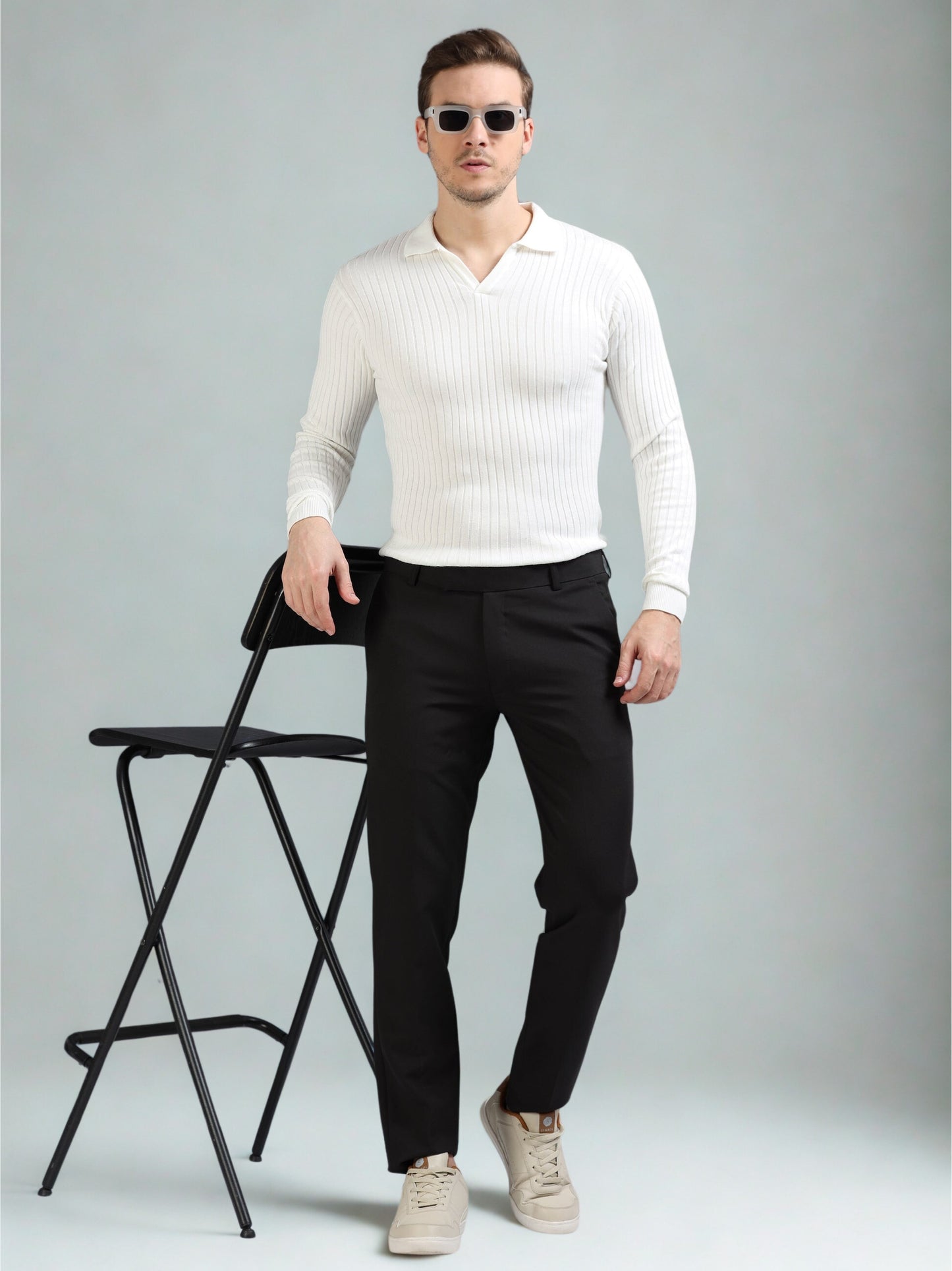 Ribbed Texture Full Sleeve T-Shirt White