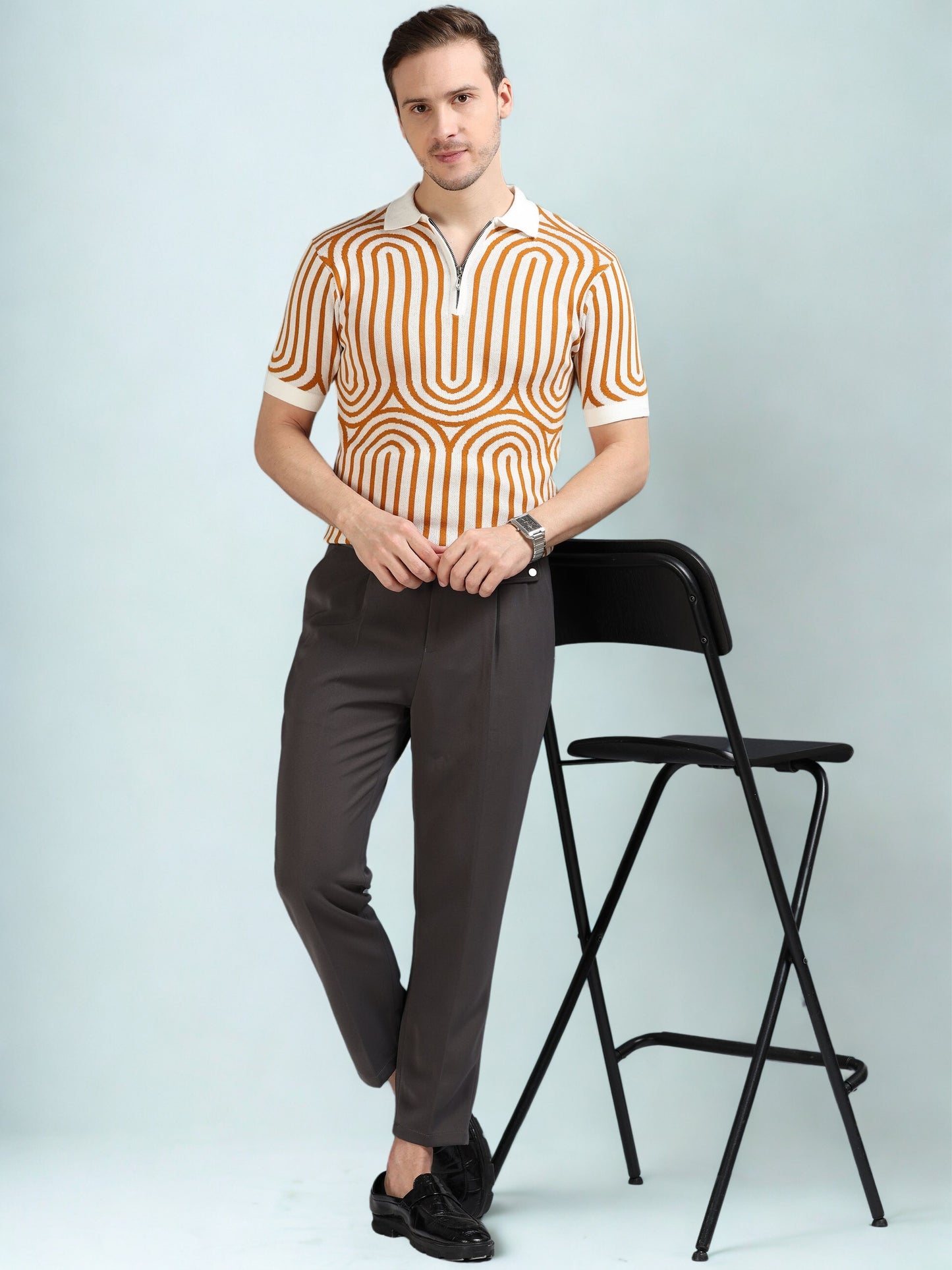 Mustard Curve Lines Design Polo T-shirt