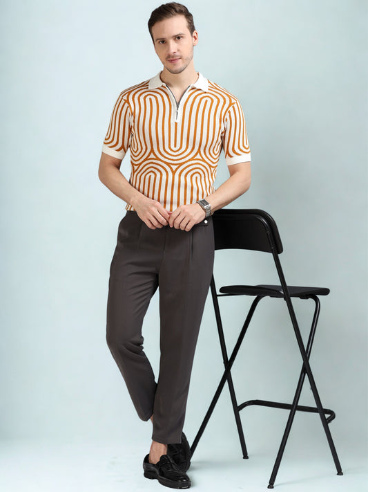 Mustard Curve Lines Design Polo T-shirt