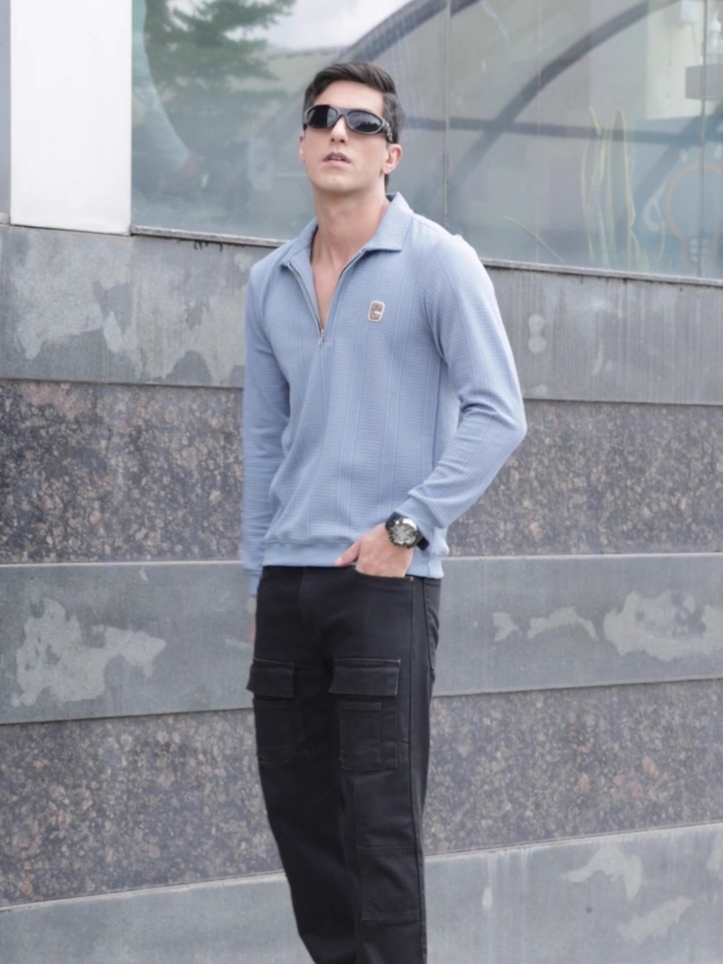 Midnight Light Blue Full Sleeve Zipper Knitted T-Shirt