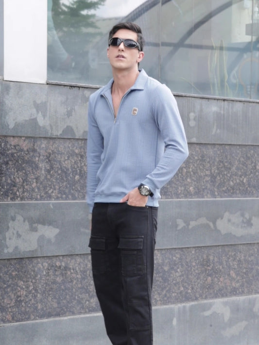 Midnight Light Blue Full Sleeve Zipper Knitted T-Shirt