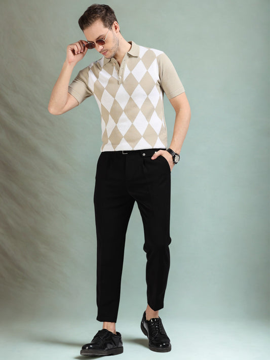 Beige Diamond Design Polo T-shirt