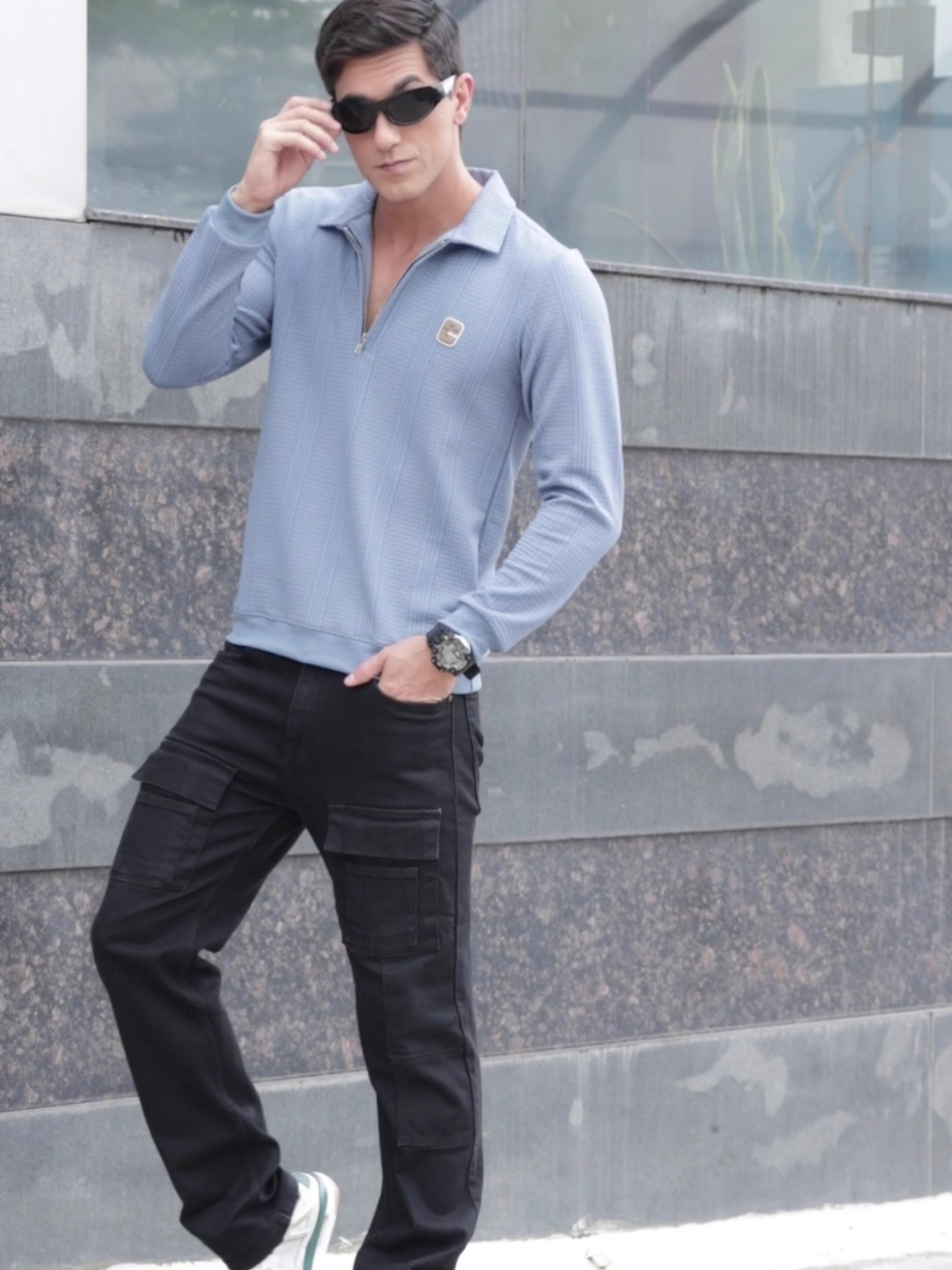 Midnight Light Blue Full Sleeve Zipper Knitted T-Shirt