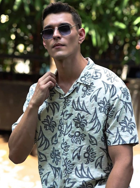 Cream Colored Black Floral Printed Expression Shirt
