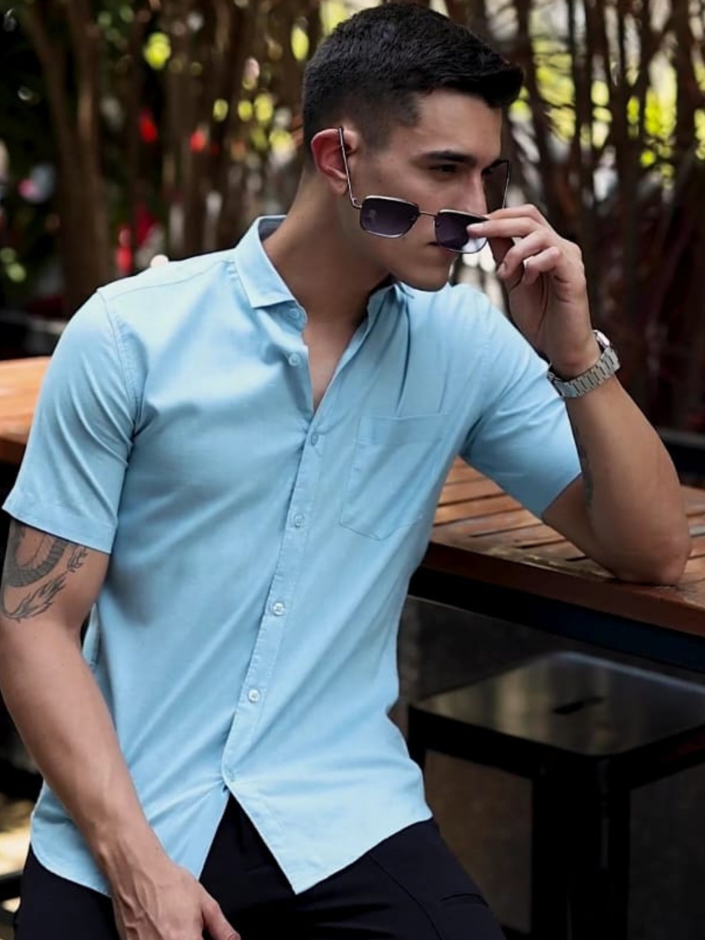 Sky Blue Pure Linen Half Sleeves Shirts