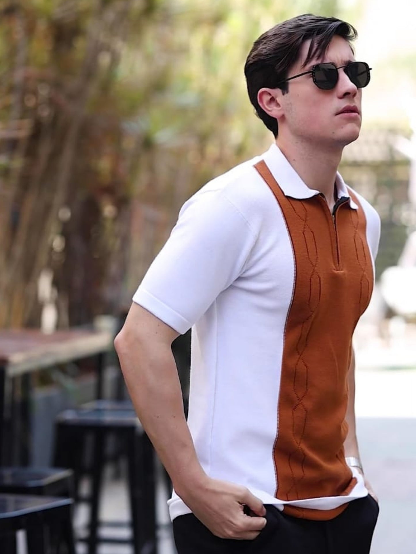 Ribbed Design Zipper Polo T-Shirt- Brown