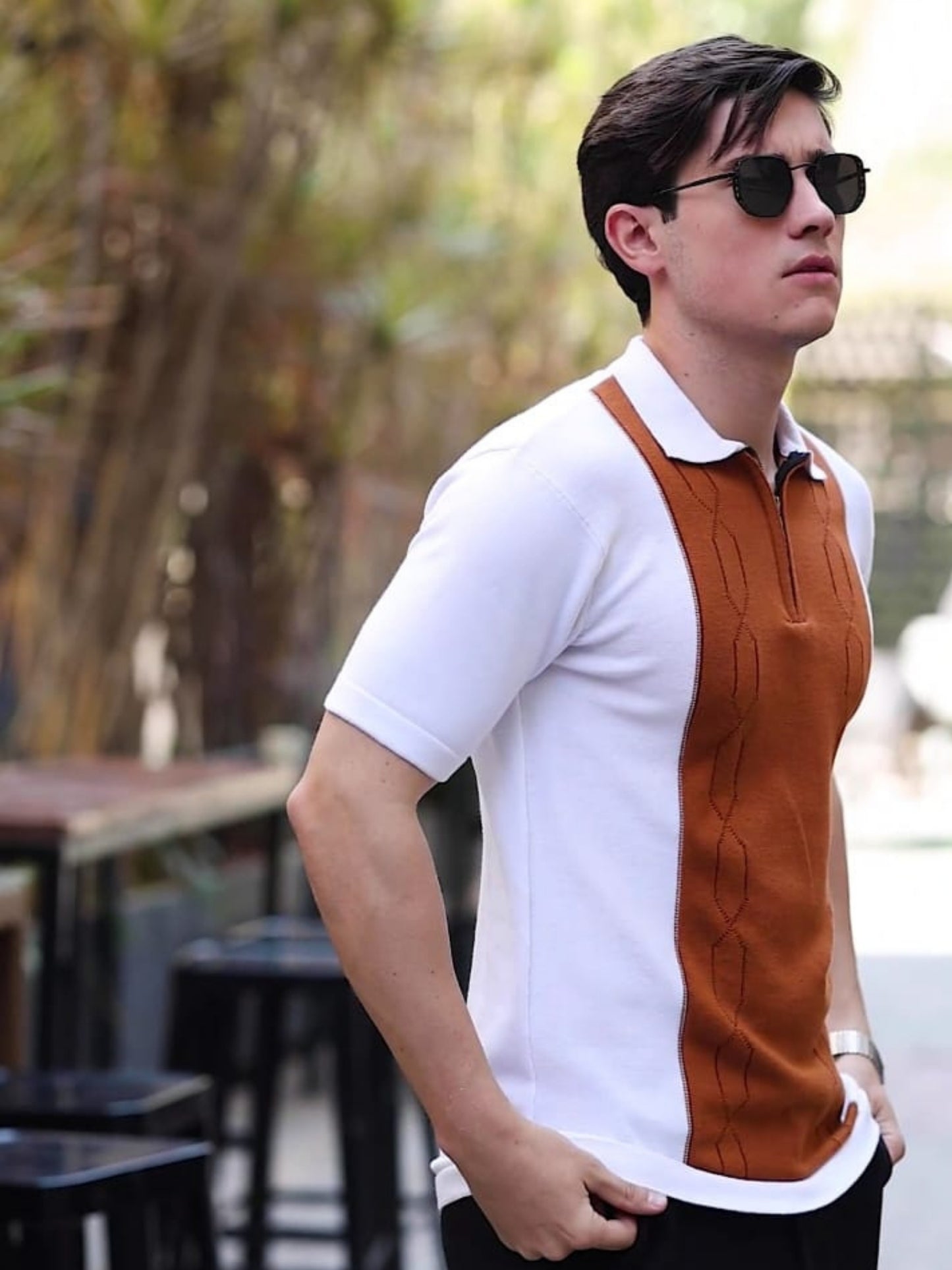 Ribbed Design Zipper Polo T-Shirt- Brown