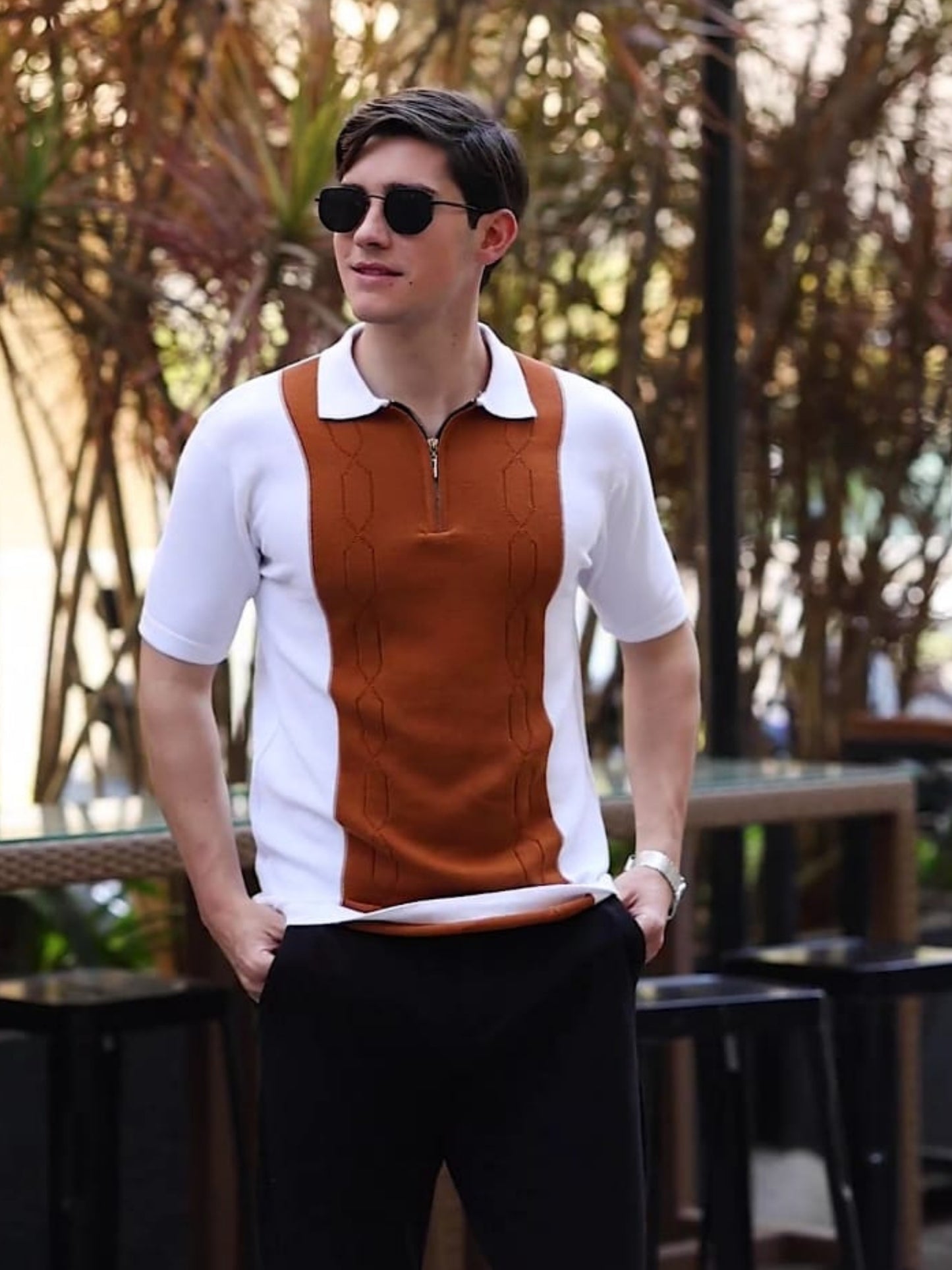Ribbed Design Zipper Polo T-Shirt- Brown