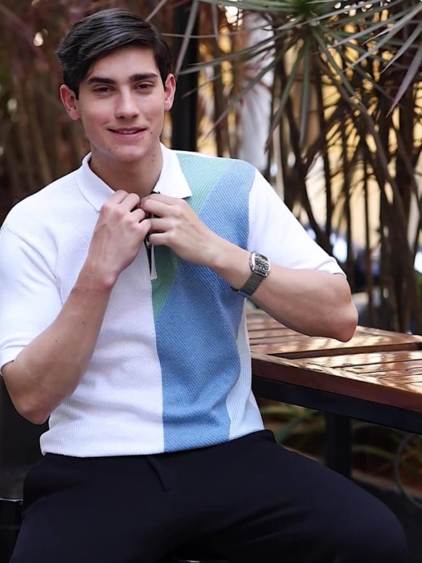 White & Sky Blue Zipper Polo T-Shirt
