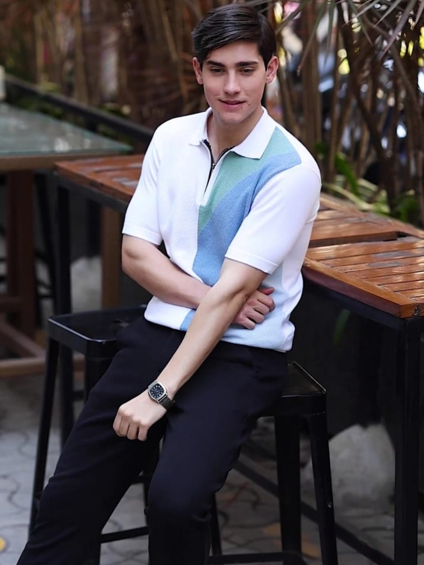 White & Sky Blue Zipper Polo T-Shirt