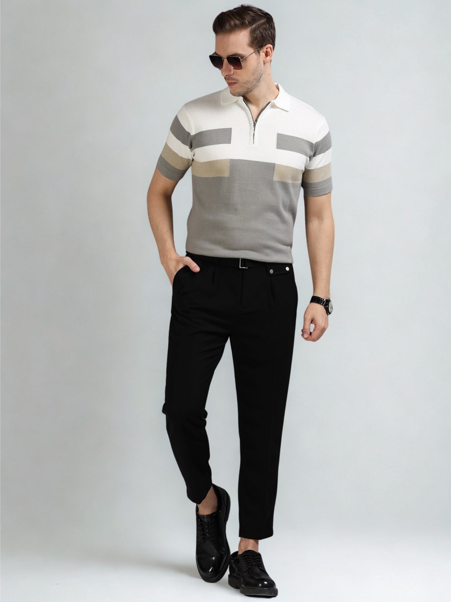Grey and White Pannel Design Polo T-shirt