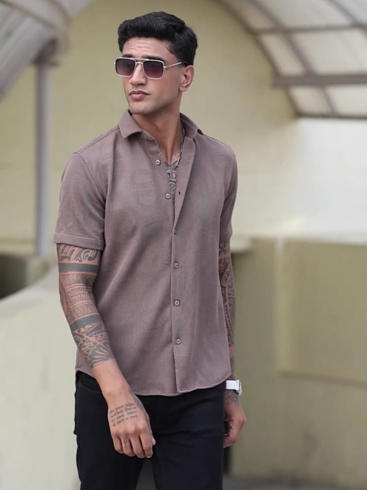 Imported Taiwan Sunset Plaid Textured Shirt - Muted Brown