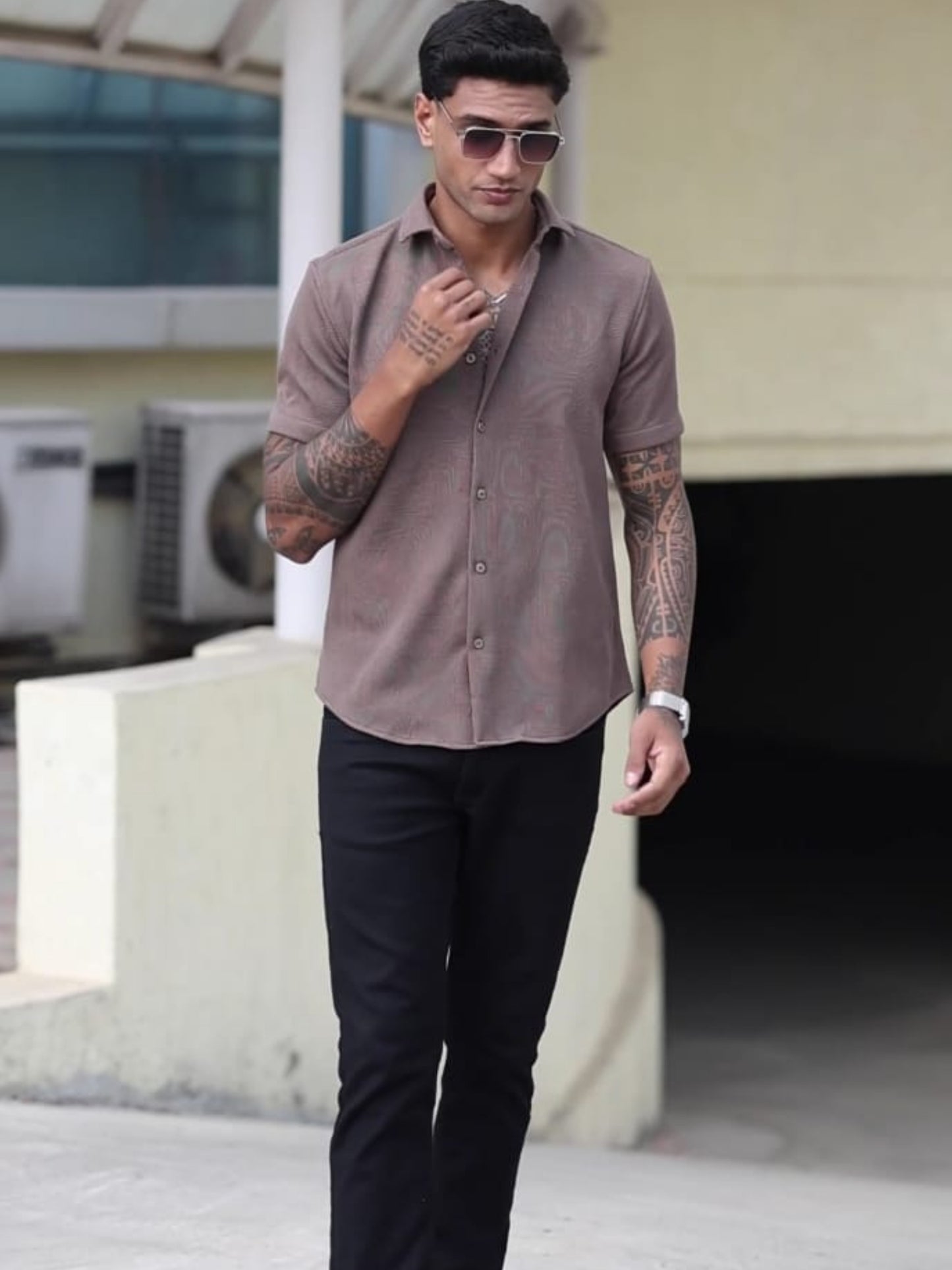 Imported Taiwan Sunset Plaid Textured Shirt - Muted Brown