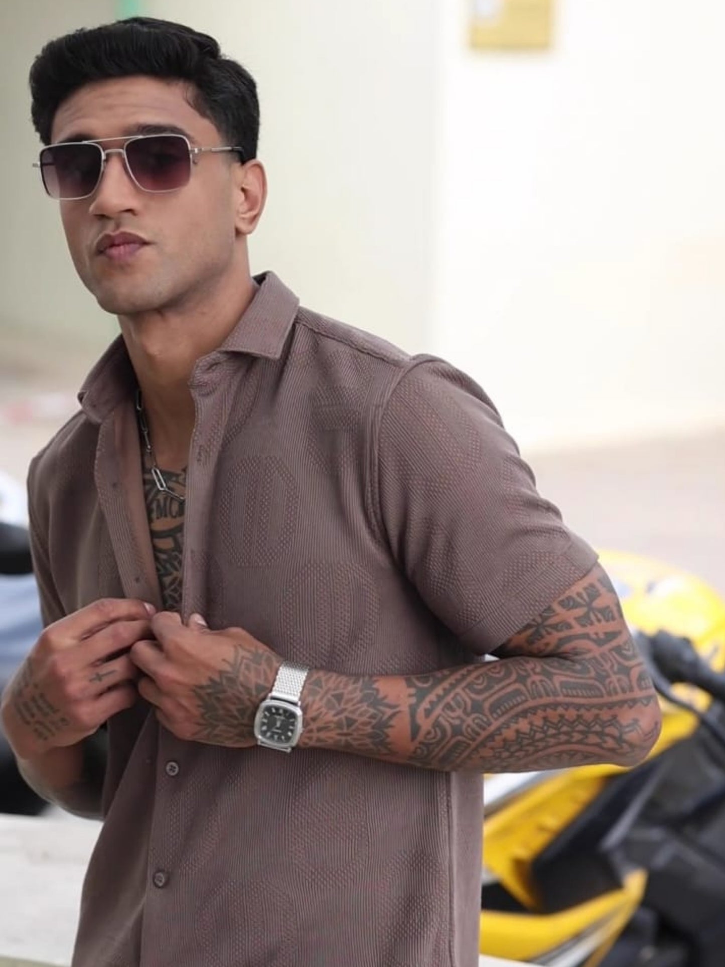 Imported Taiwan Sunset Plaid Textured Shirt - Muted Brown