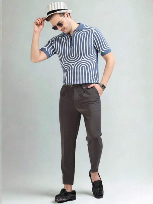 Blue Curve Lines Design Polo T-shirt