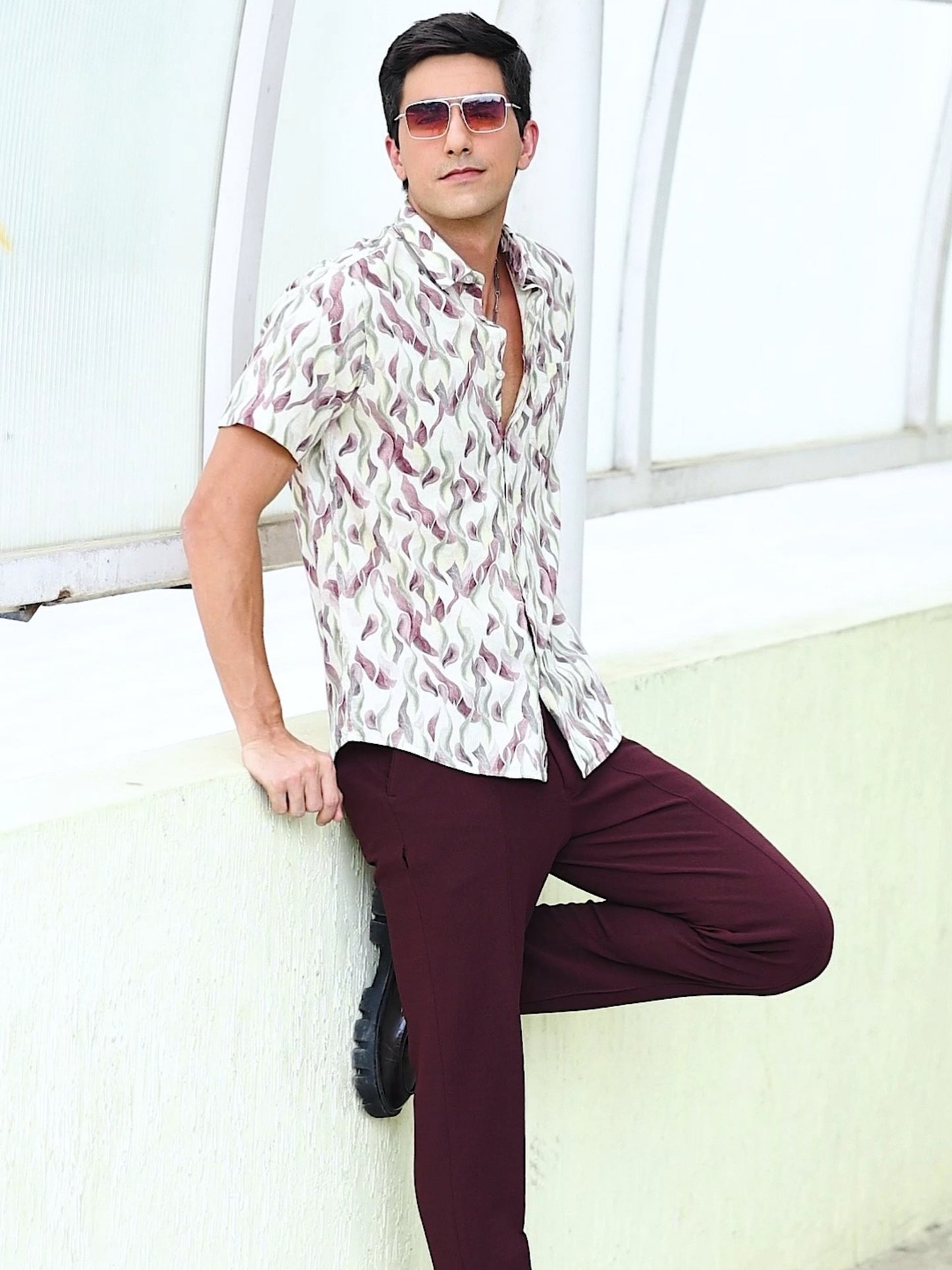 Maroon Floral Design Printed Half Sleeve Shirt