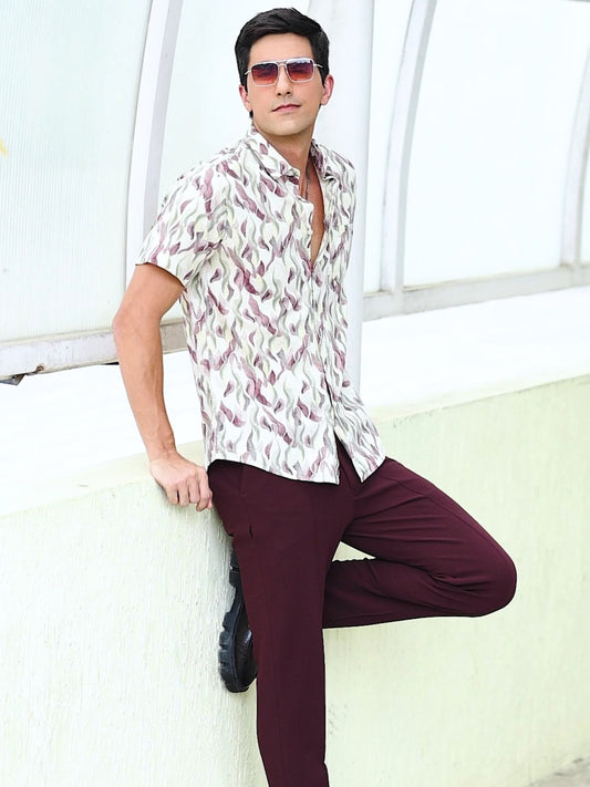 Maroon Floral Design Printed Half Sleeve Shirt