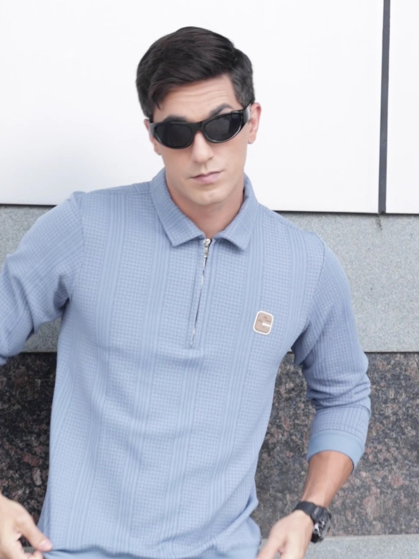 Midnight Light Blue Full Sleeve Zipper Knitted T-Shirt