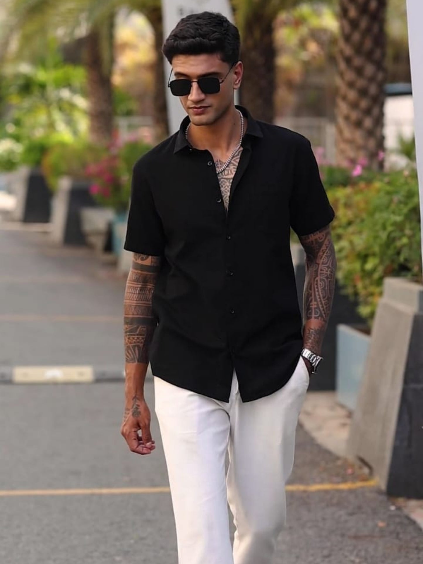 JET BLACK TEXTURED FABRIC HALF SLEEVES SHIRTS