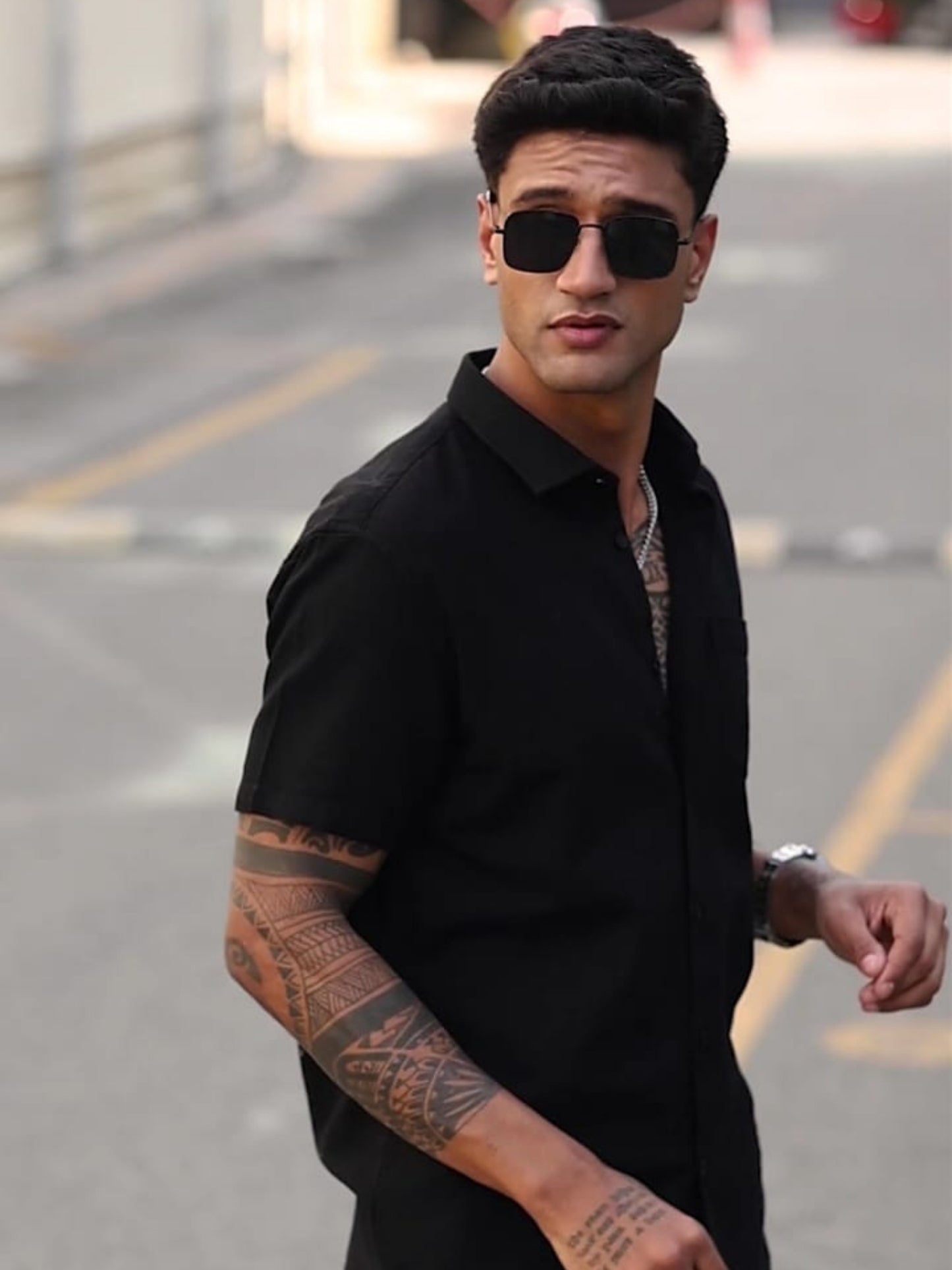 JET BLACK TEXTURED FABRIC HALF SLEEVES SHIRTS