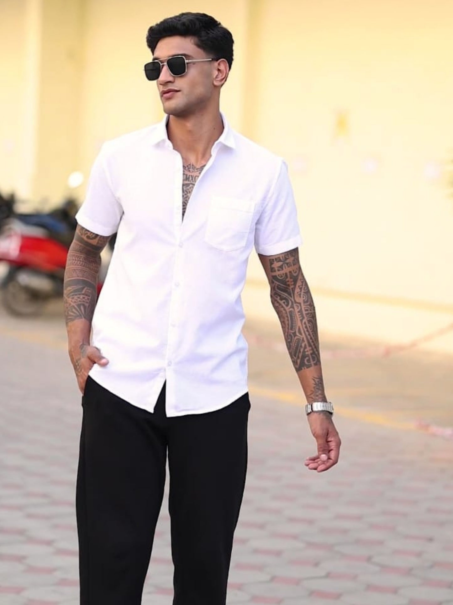PURE WHITE TEXTURED FABRIC HALF SLEEVES SHIRTS