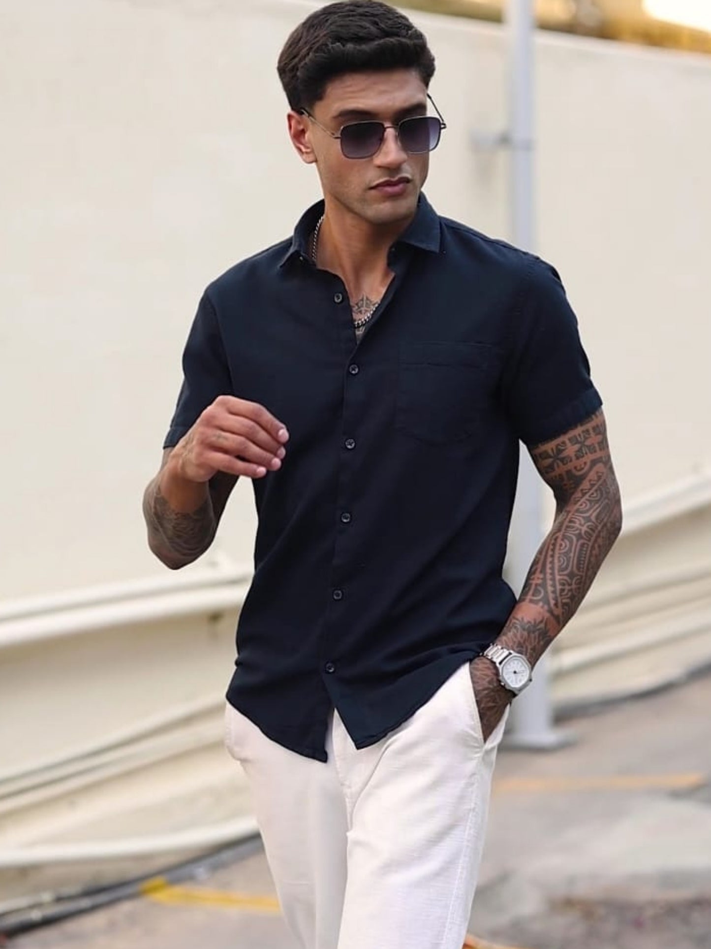 NAVY BLUE  TEXTURED FABRIC HALF SLEEVES SHIRTS