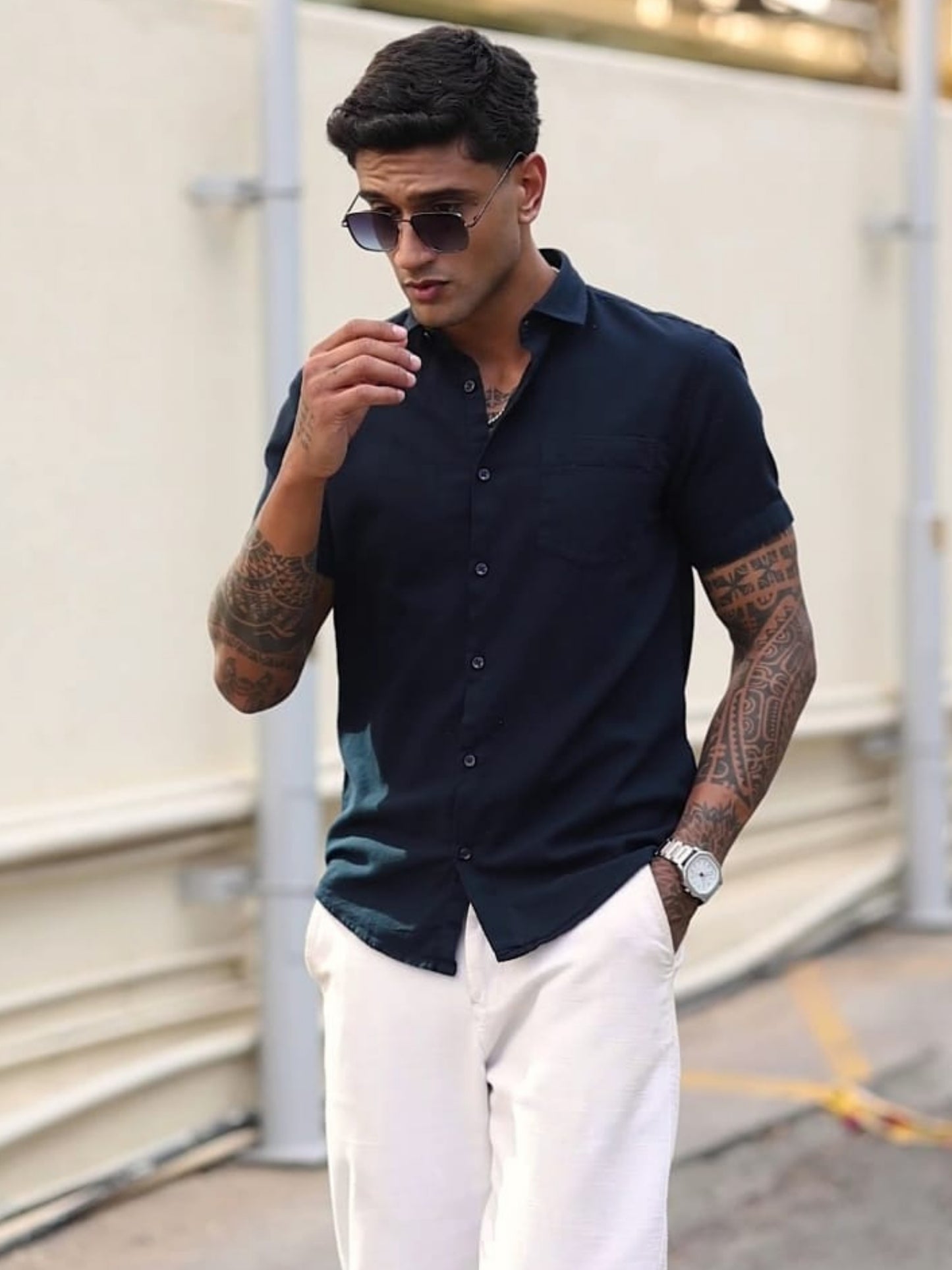 NAVY BLUE  TEXTURED FABRIC HALF SLEEVES SHIRTS
