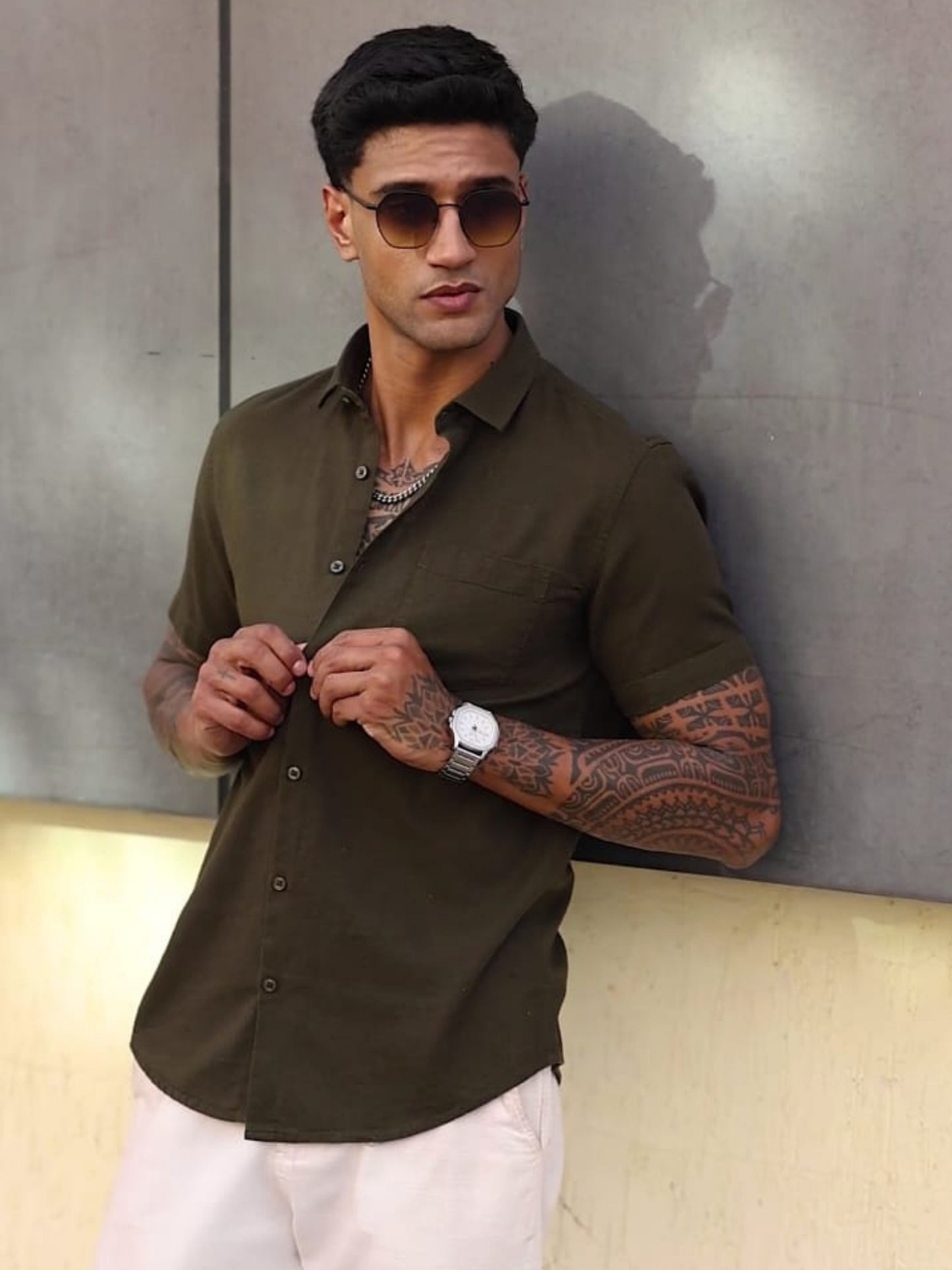 OLIVE GREEN TEXTURED FABRIC HALF SLEEVES SHIRTS