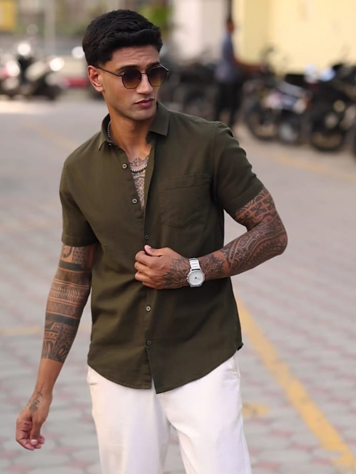 OLIVE GREEN TEXTURED FABRIC HALF SLEEVES SHIRTS