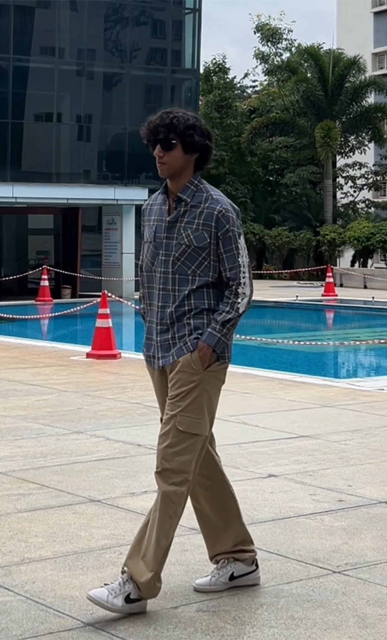 Navy Grey Checked Shirt with Flap Pockets
