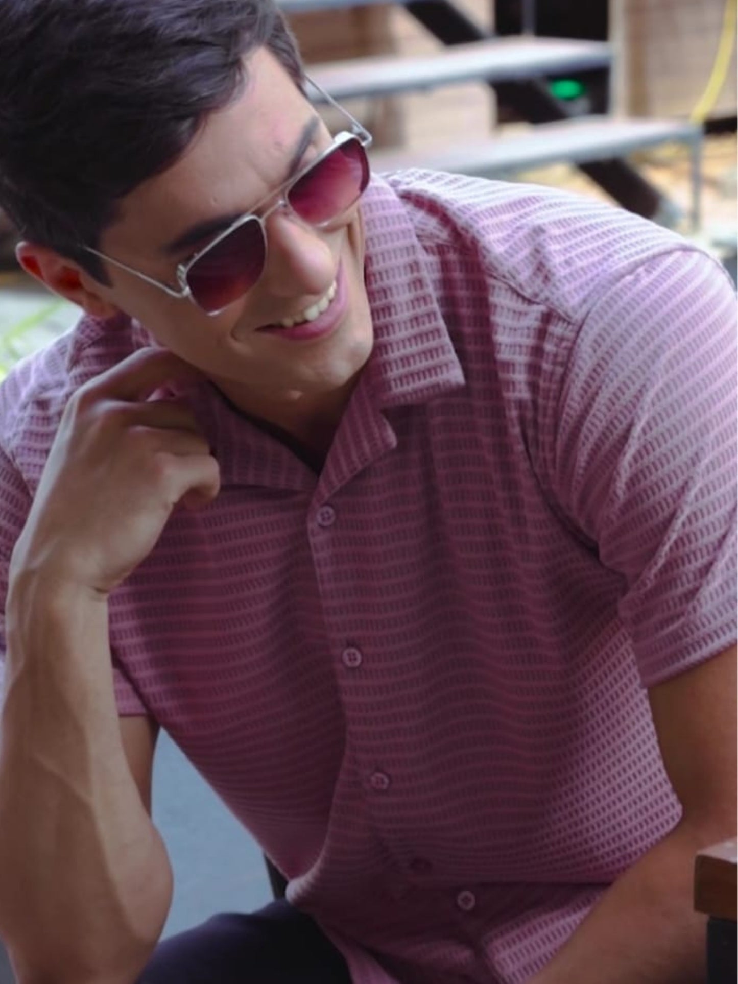 Imported Taiwan Sunset Plaid Textured Shirt - Pink