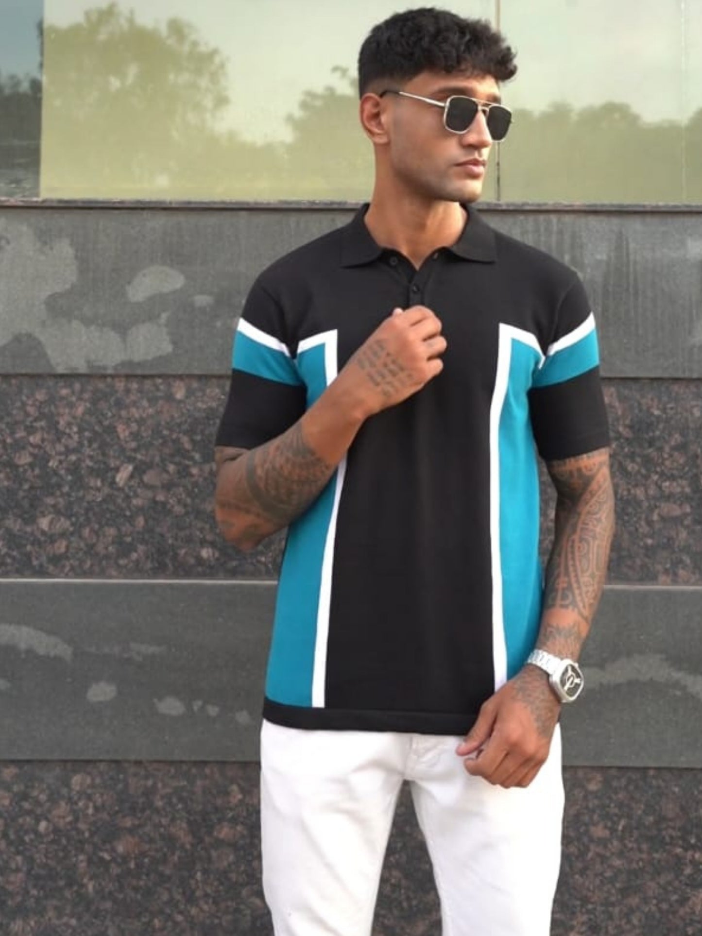 Classic Pannel Design Polo Tee - Black & Blue
