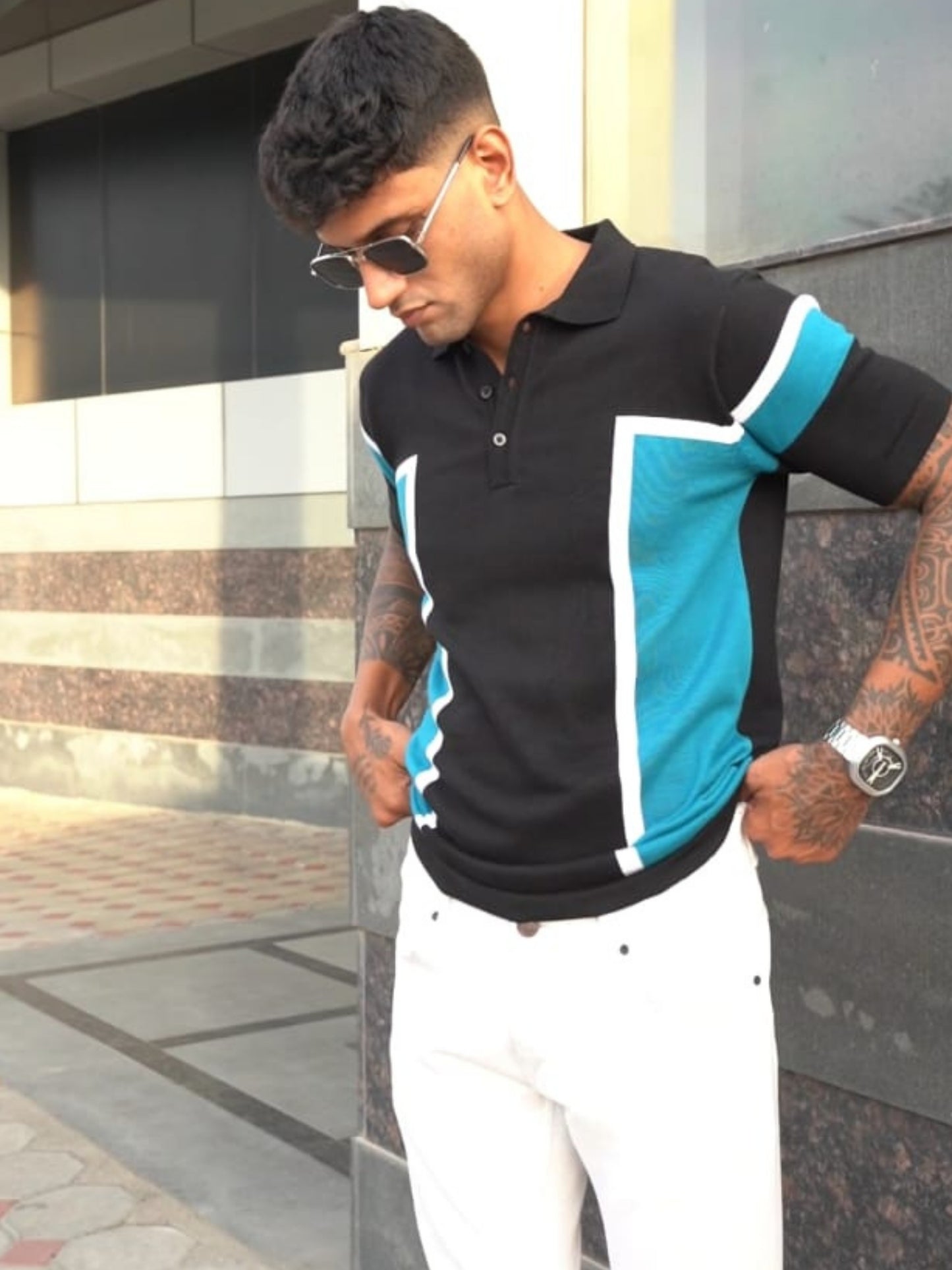 Classic Pannel Design Polo Tee - Black & Blue