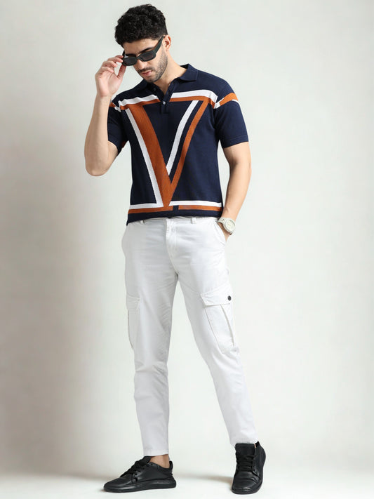 Classic V Design Polo Tee - Navy & Brown