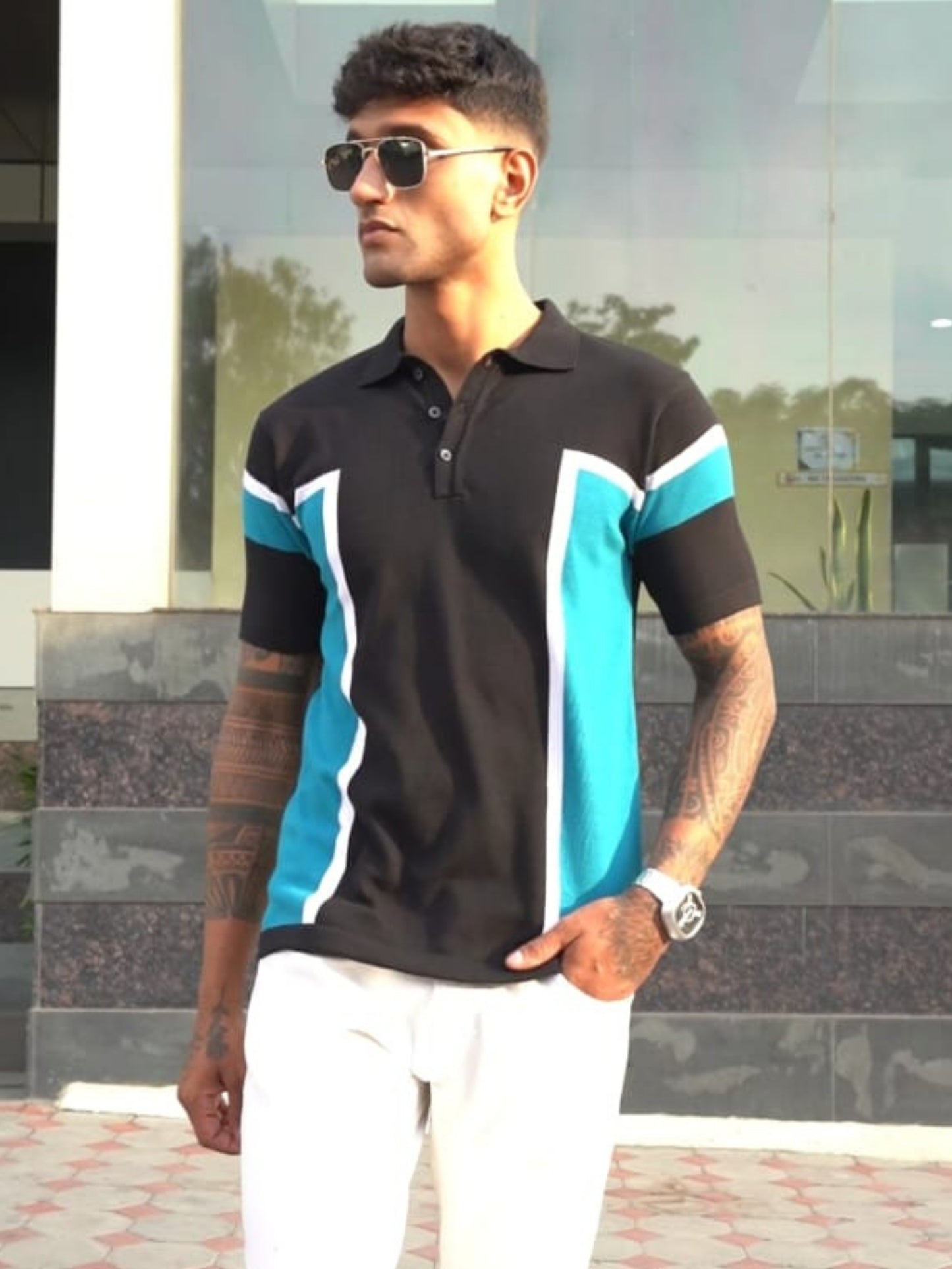 Classic Pannel Design Polo Tee - Black & Blue