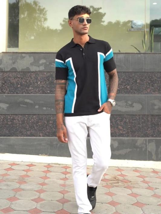 Classic Pannel Design Polo Tee - Black & Blue