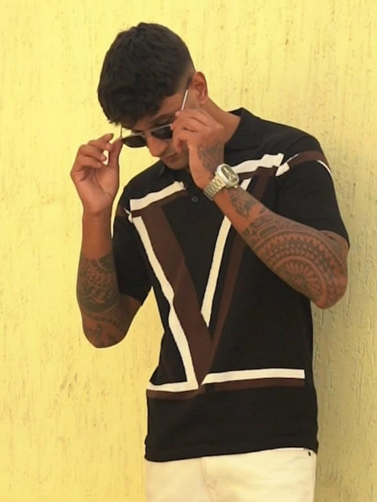 Classic V Design Polo Tee - Navy & Coca