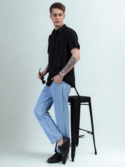 Black Textured Striped Half Sleeve Shirt