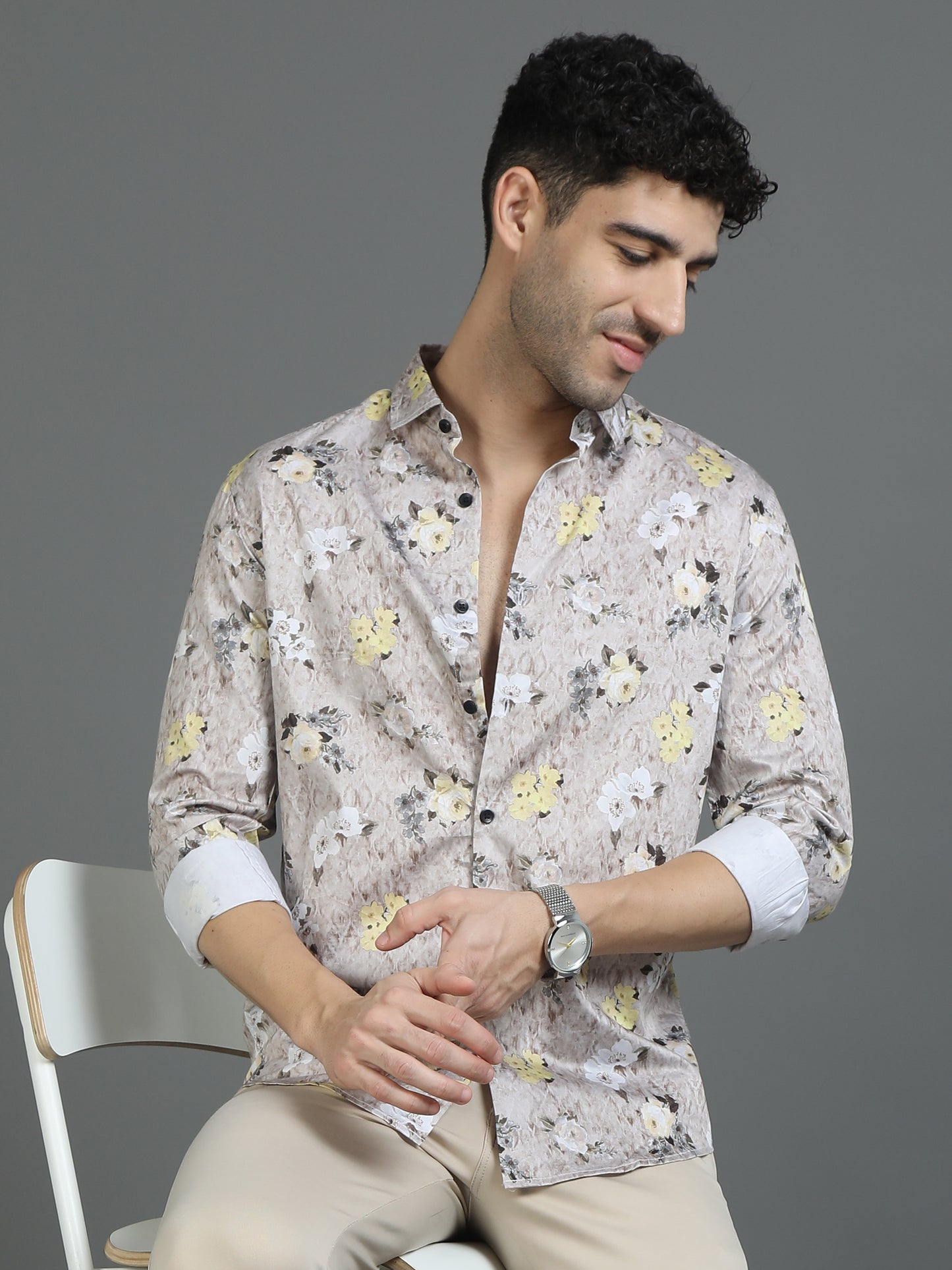 Beige Floral Design Shirt