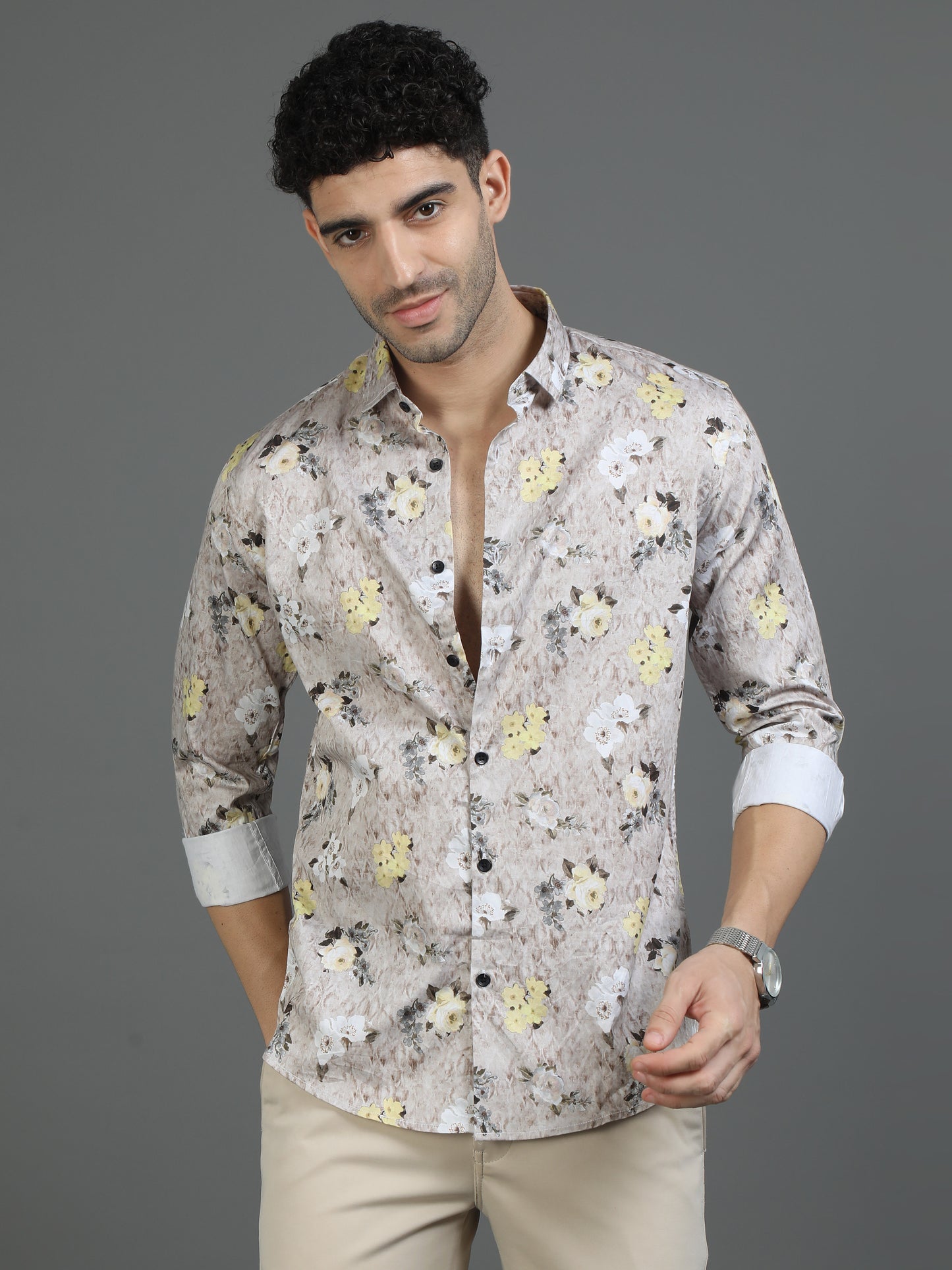 Beige Floral Design Shirt