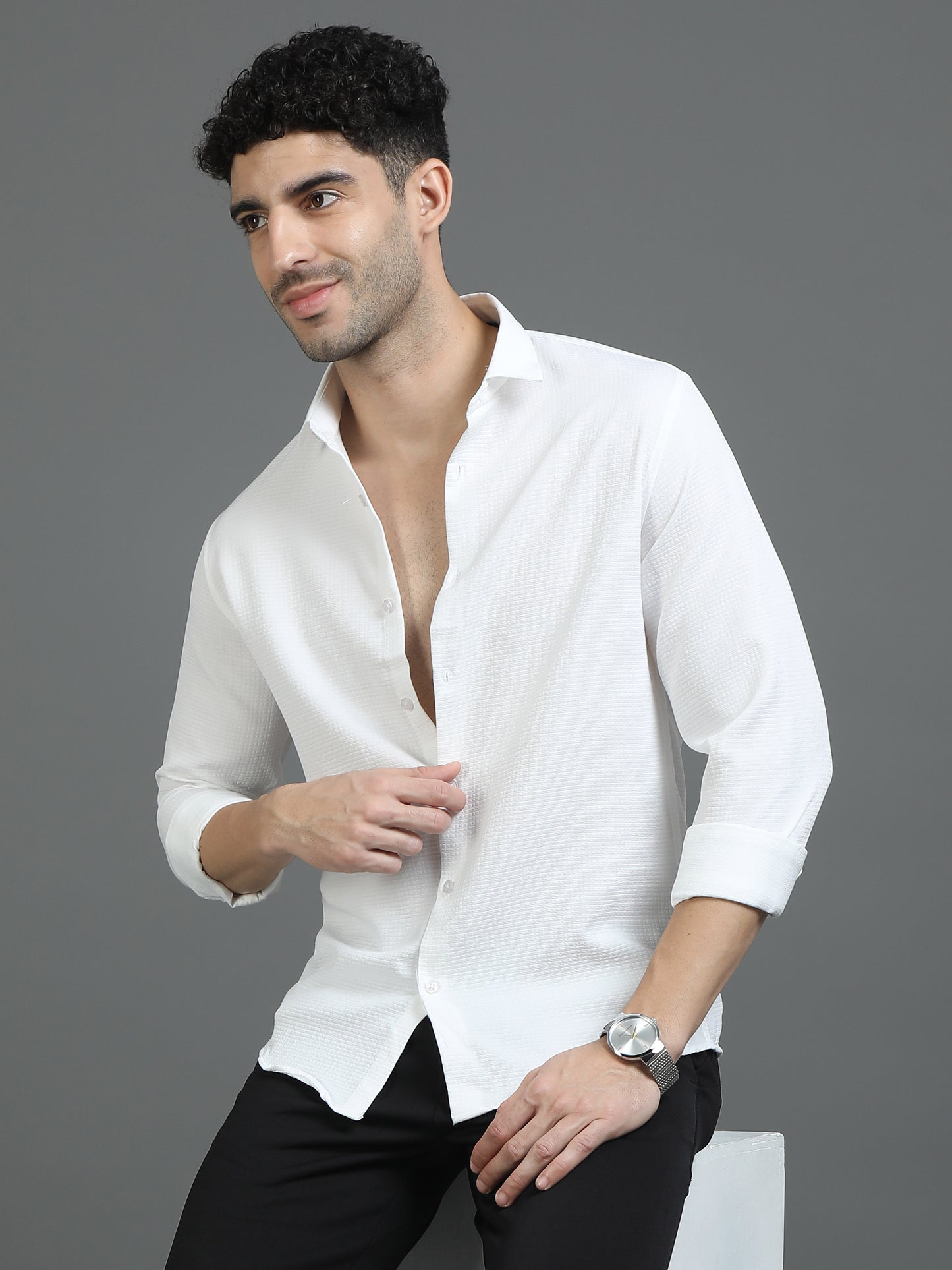 White Stripe Textured Fabric Shirt