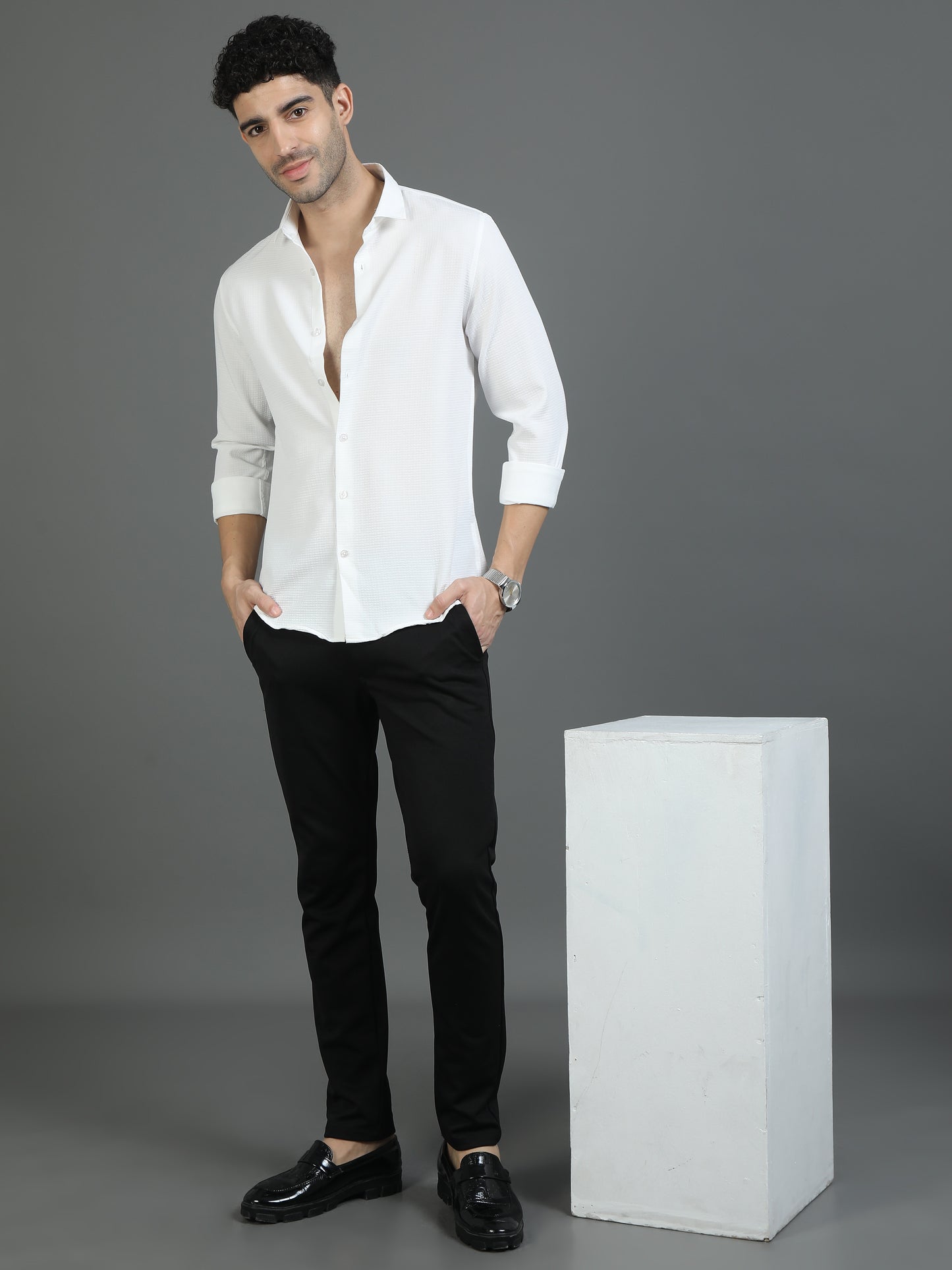 White Stripe Textured Fabric Shirt