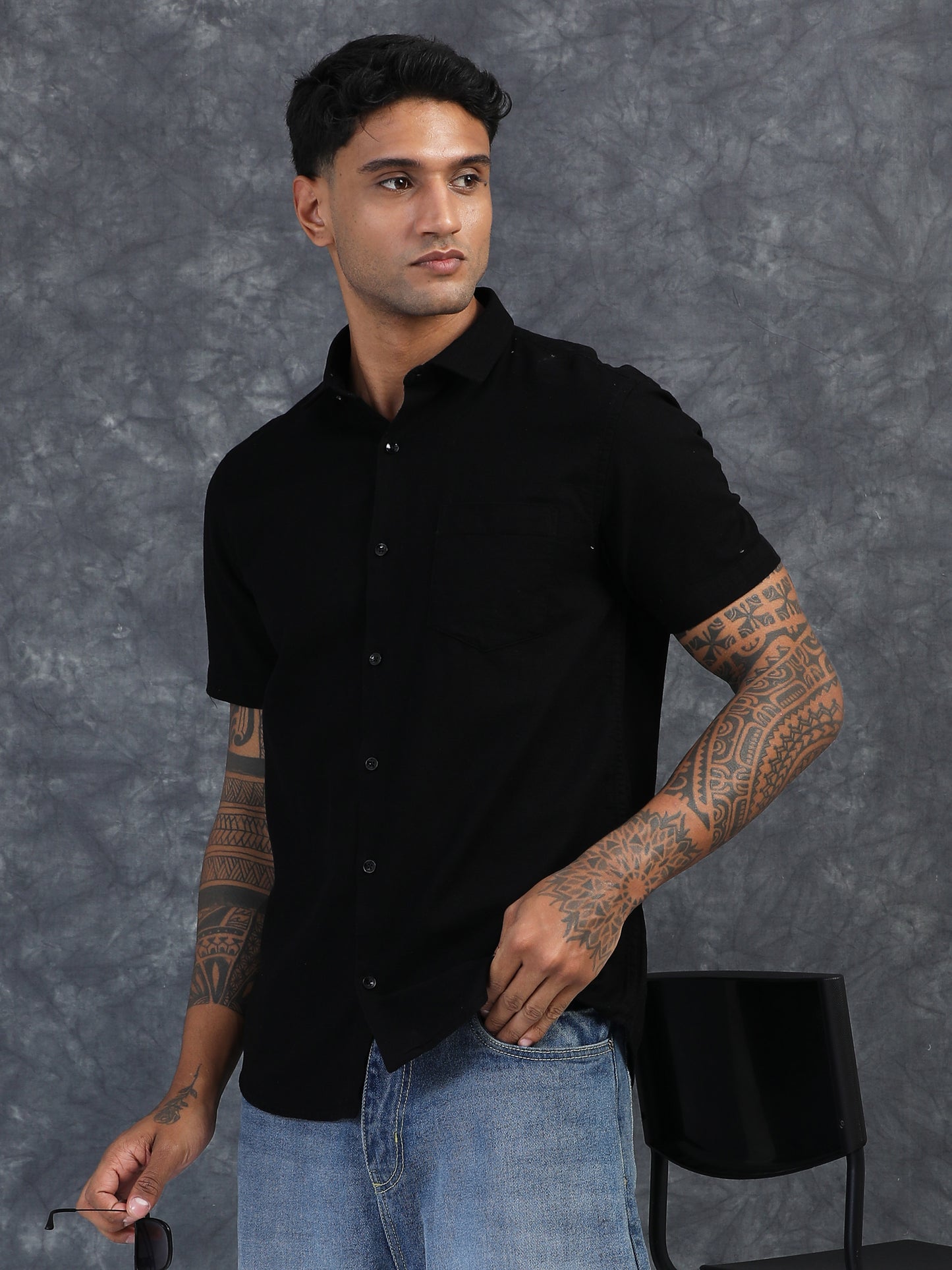 JET BLACK TEXTURED FABRIC HALF SLEEVES SHIRTS