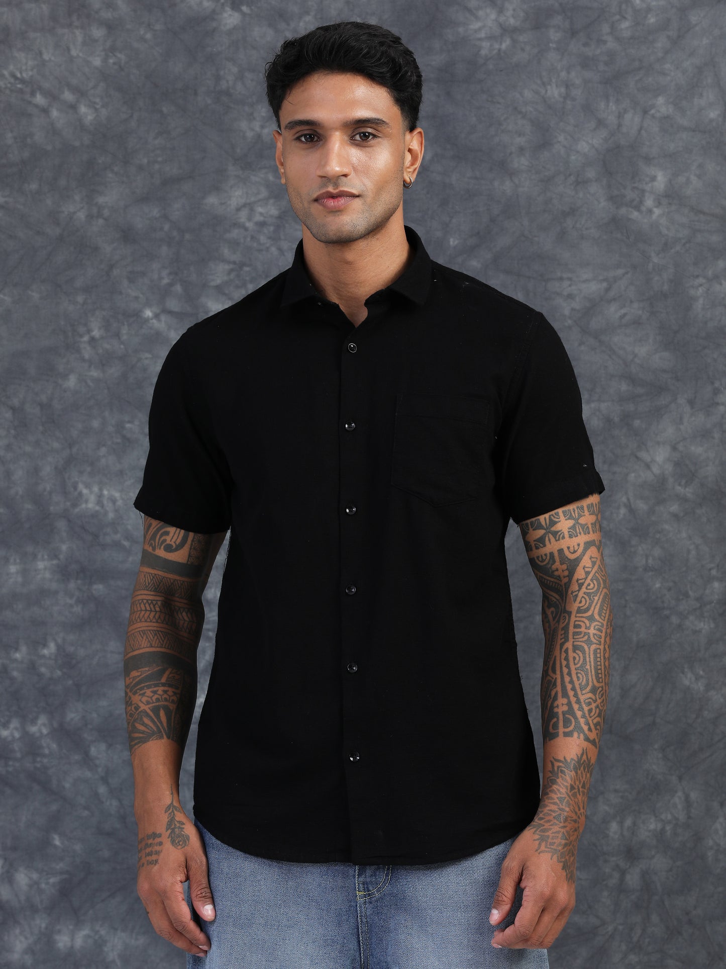 JET BLACK TEXTURED FABRIC HALF SLEEVES SHIRTS