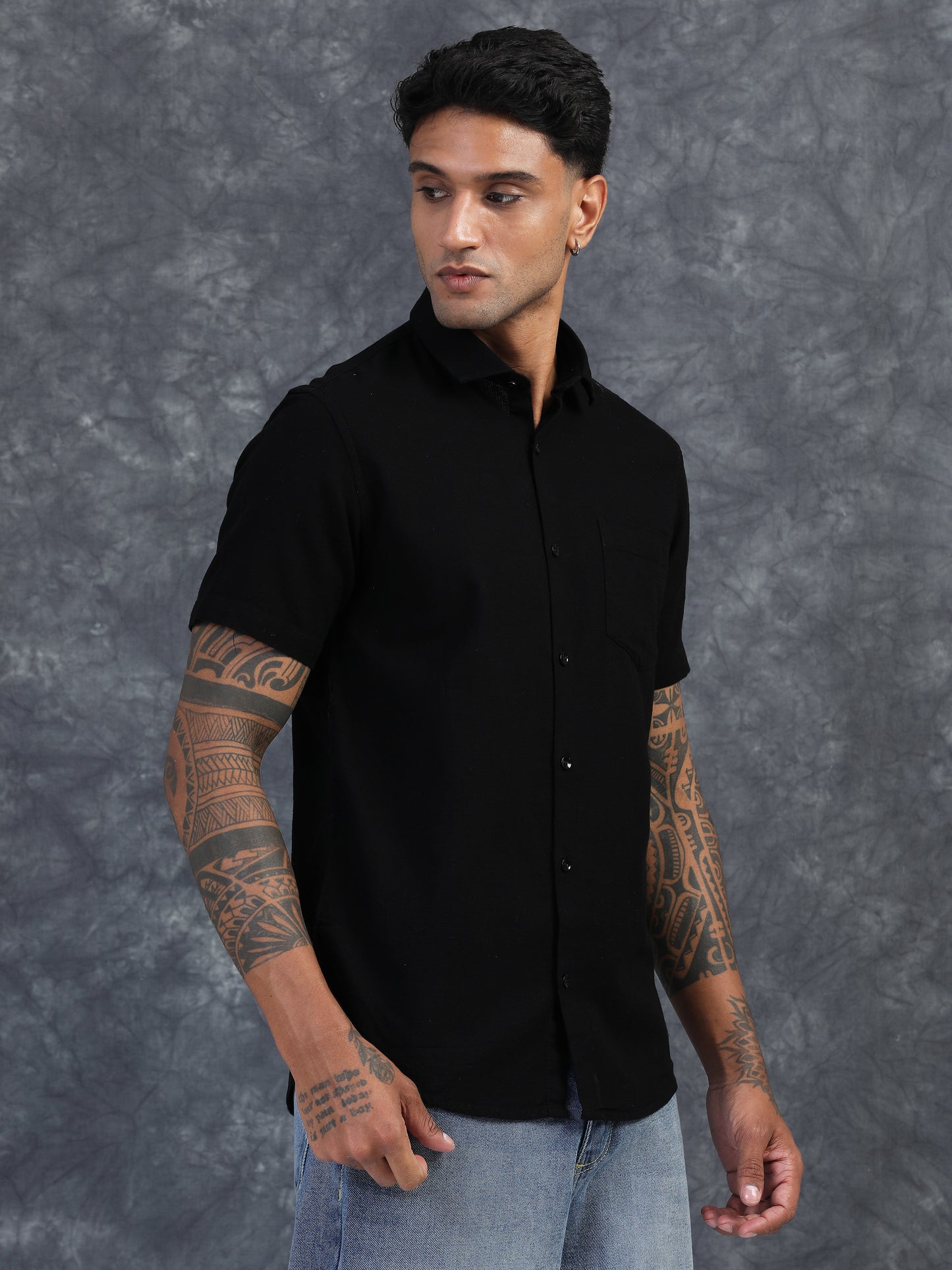 JET BLACK TEXTURED FABRIC HALF SLEEVES SHIRTS