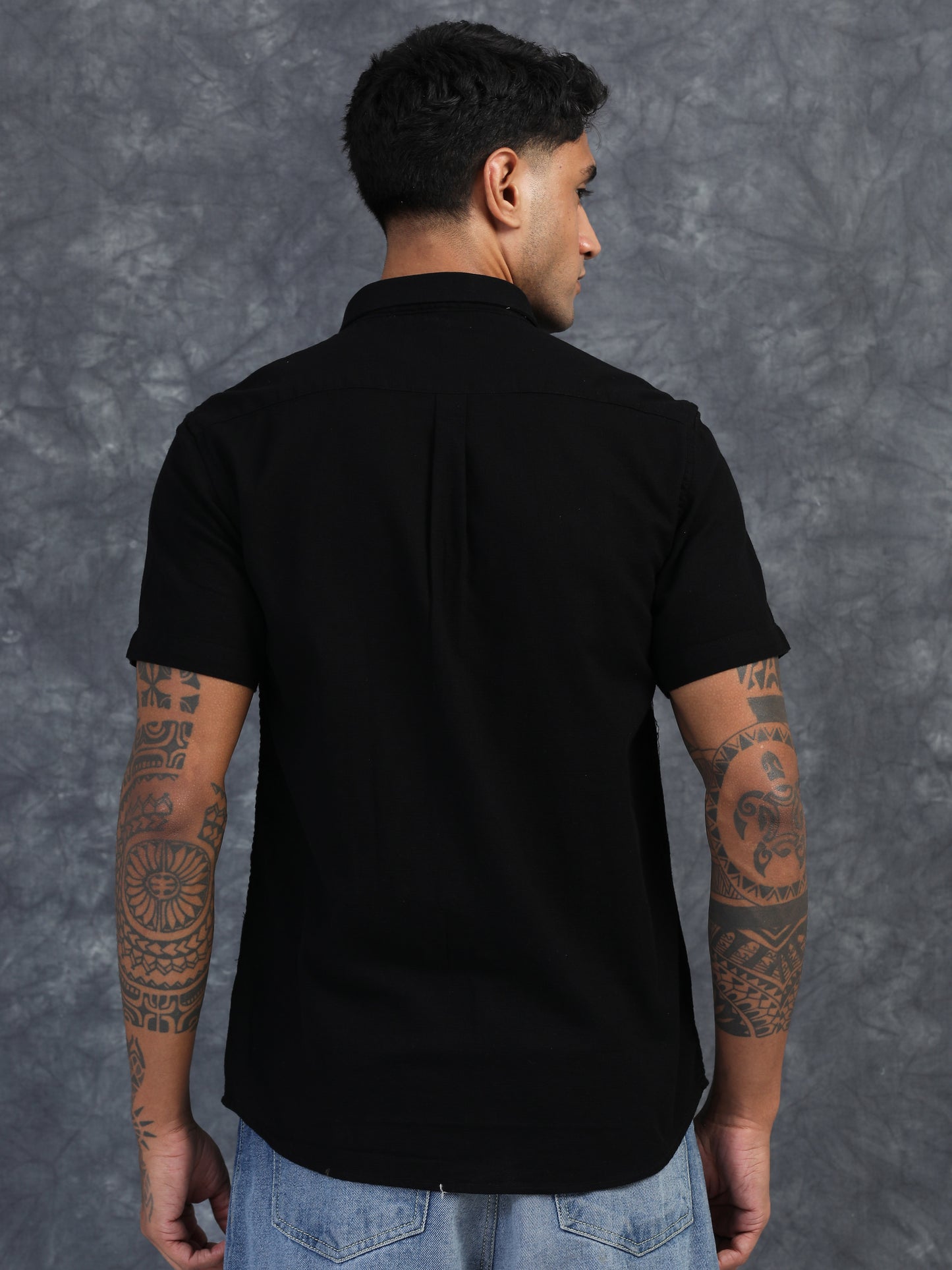 JET BLACK TEXTURED FABRIC HALF SLEEVES SHIRTS