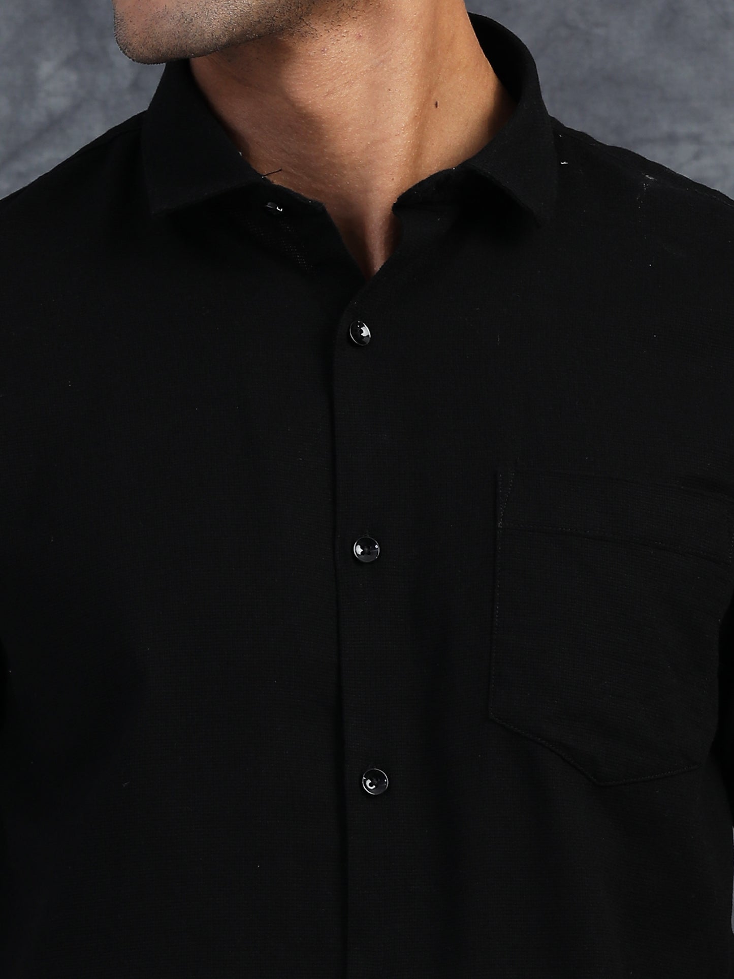 JET BLACK TEXTURED FABRIC HALF SLEEVES SHIRTS