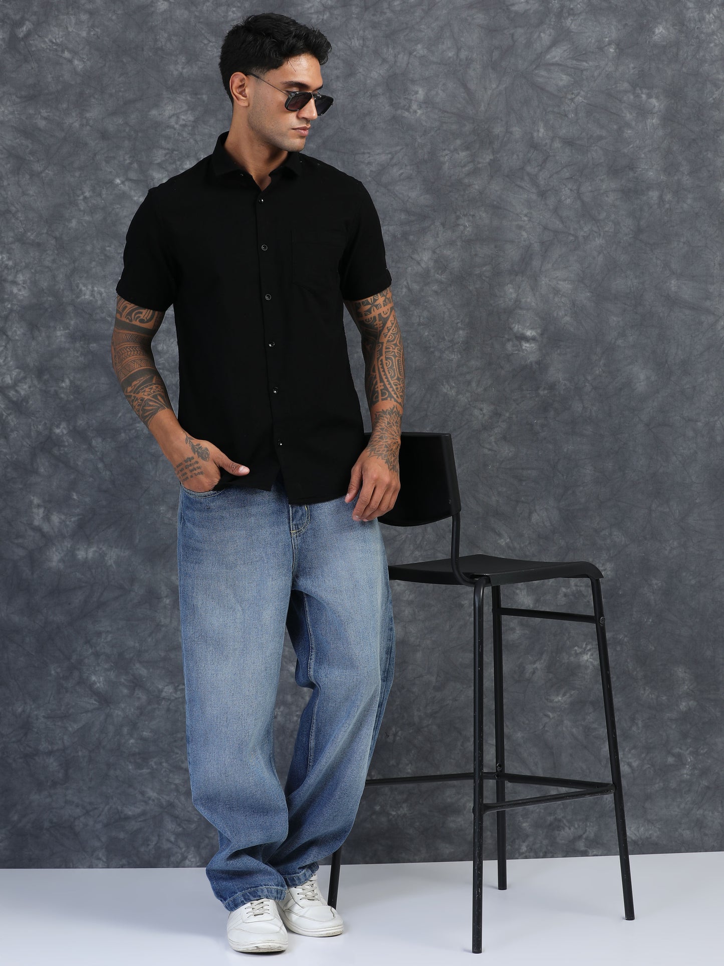 JET BLACK TEXTURED FABRIC HALF SLEEVES SHIRTS